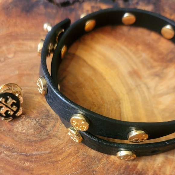 Tory Burch Black double and gold leather wrap bracelet and black gold logo earri - Picture 4 of 4